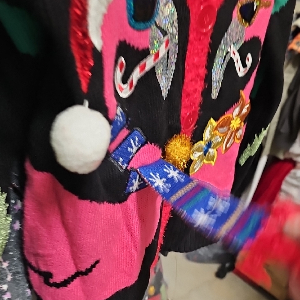 Nwt Christmas Flamingo Cardigan with Pom Poms - Picture 3 of 6